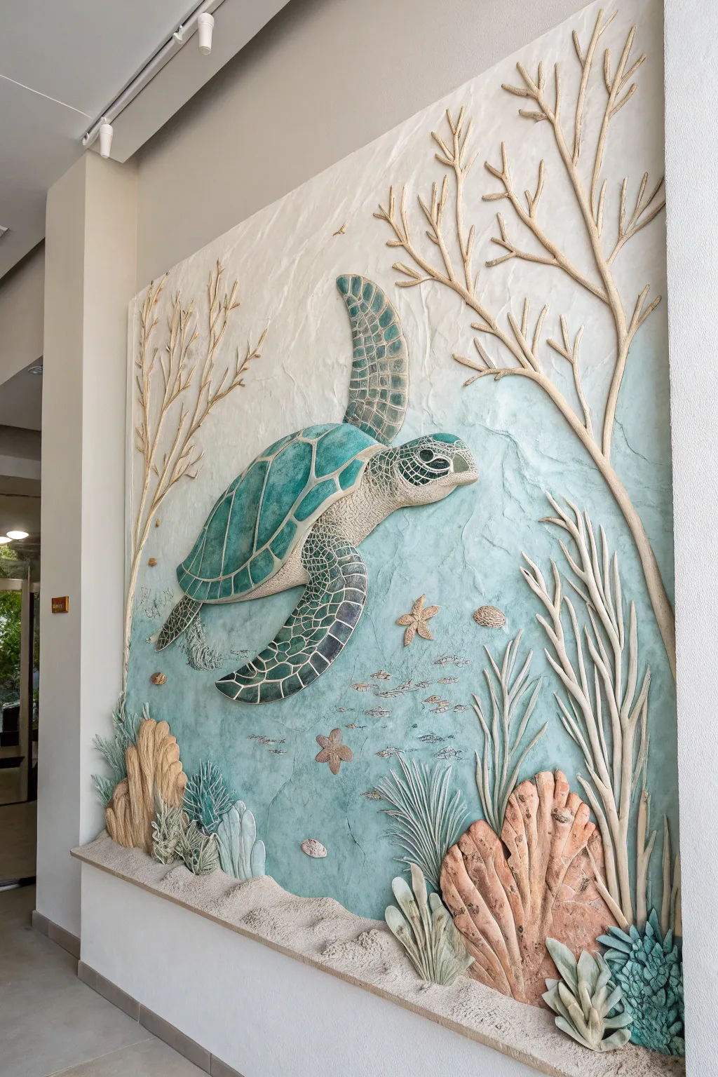 Dive into tranquility with this exquisite sea turtle mural, where craftsmanship meets nature.