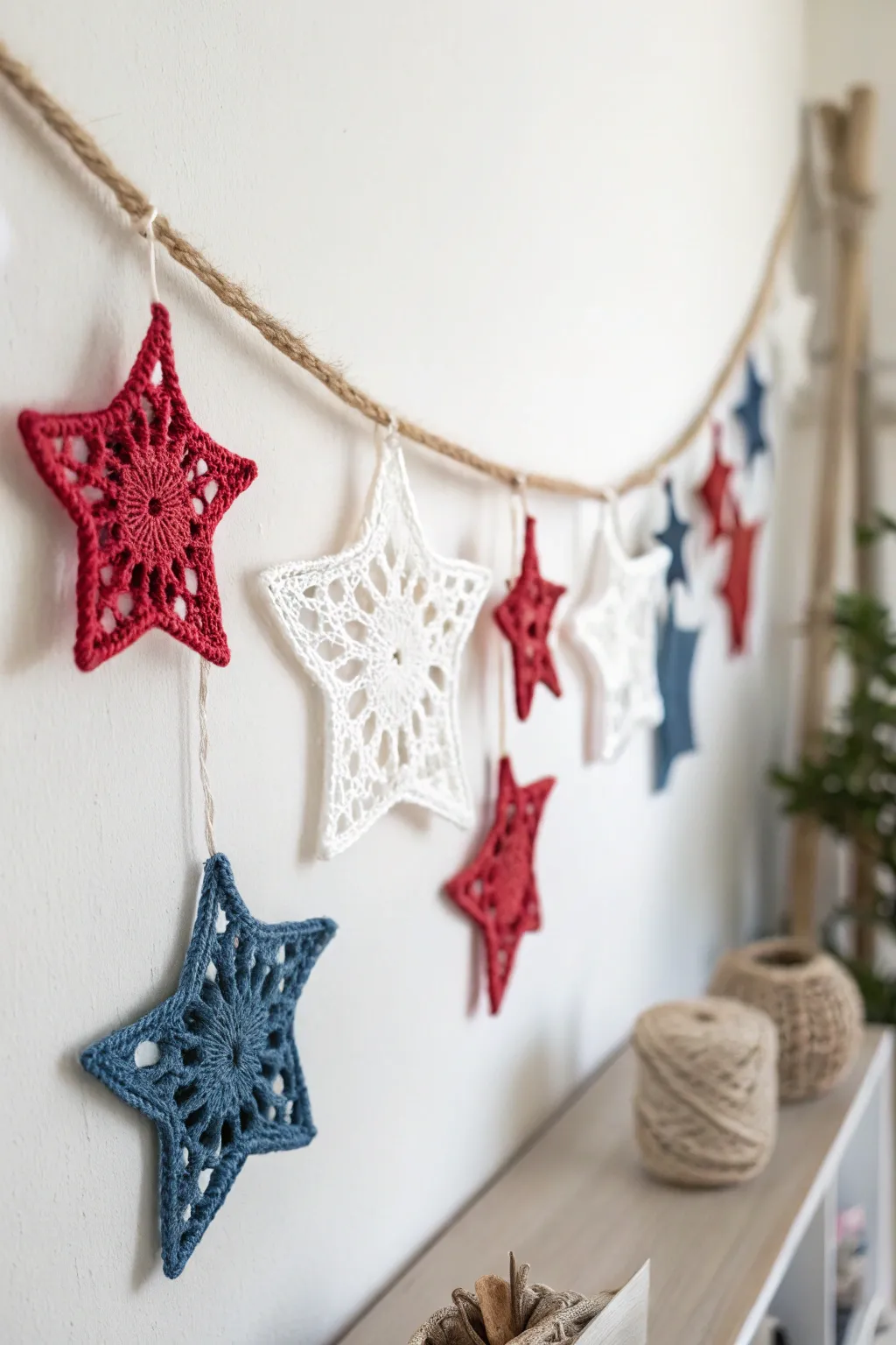 Add a touch of effortless elegance to your space with this charming Patriotic Star Garland. Perfect for a minimalist boho vibe!