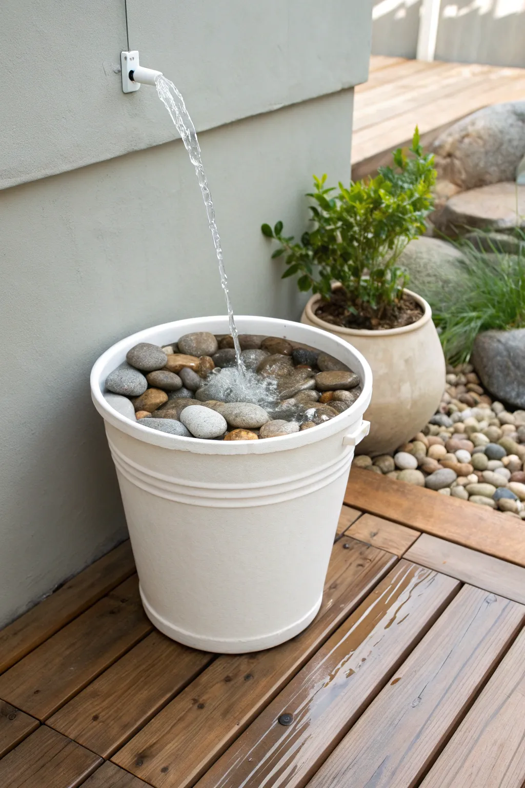 Transform your garden with a serene bucket water feature – simplicity meets elegance.