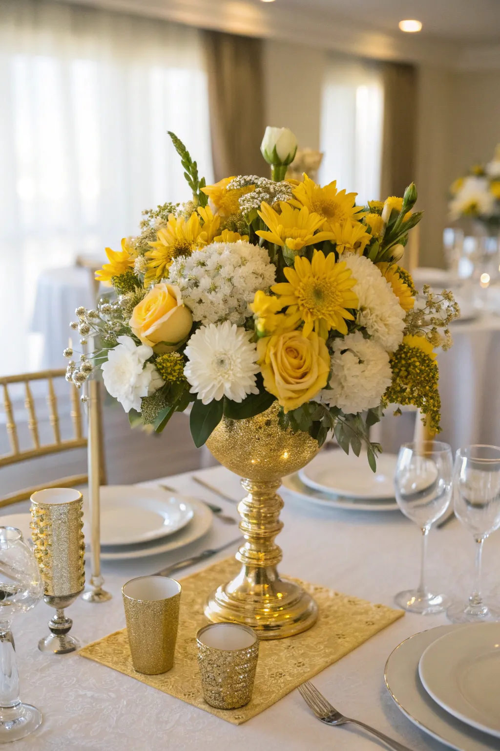 A striking centerpiece featuring yellow and white flowers with gold embellishments.