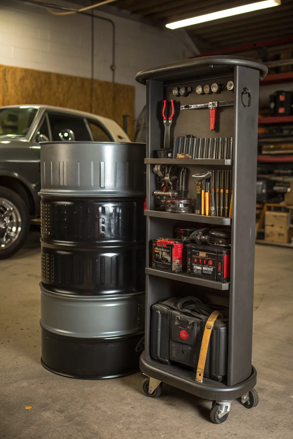 Transform your garage with this striking 55-gallon drum storage solution—where functionality meets craftsmanship.