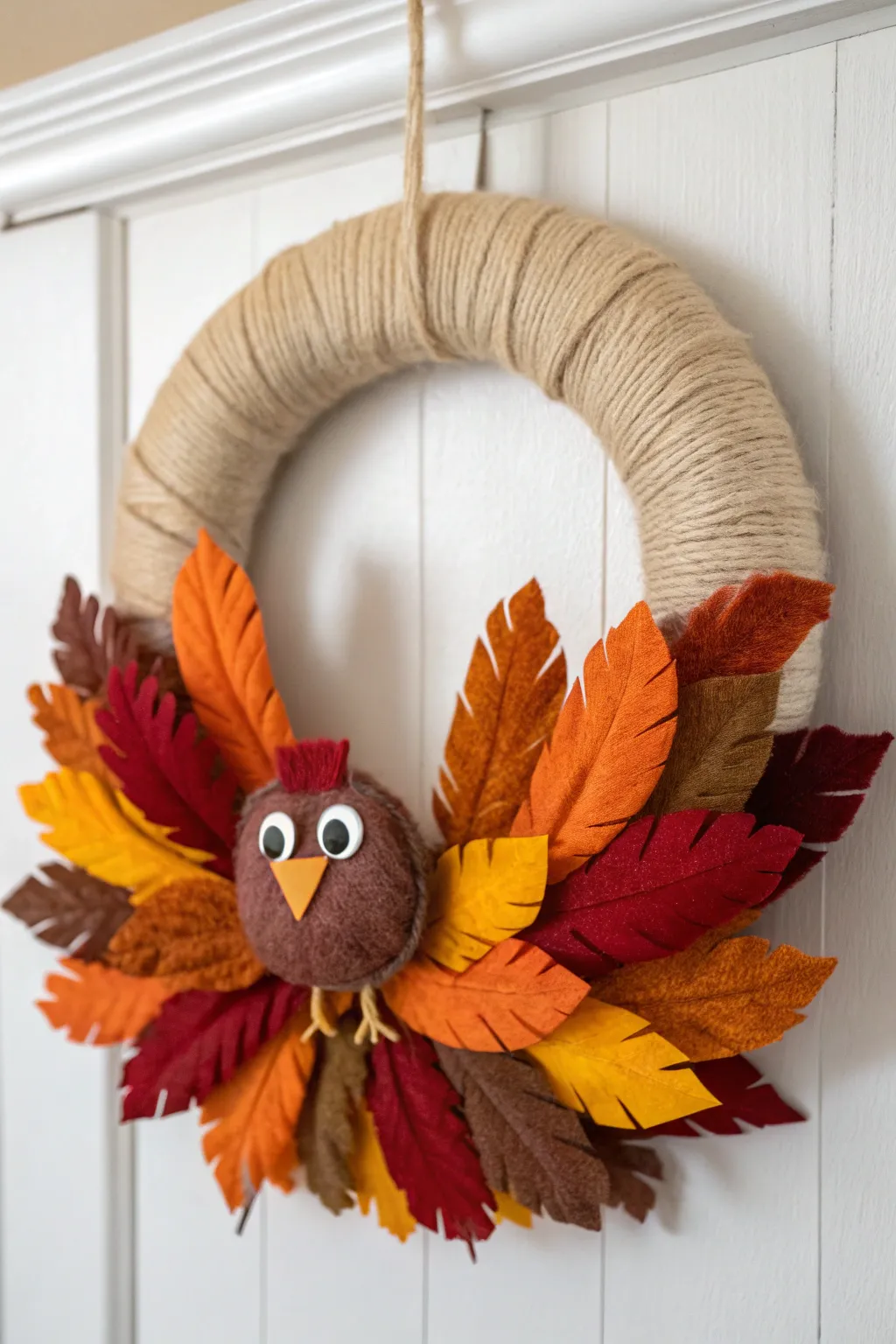 Add a playful twist to your entryway with this charming DIY turkey wreath—where minimalist design meets festive fun!