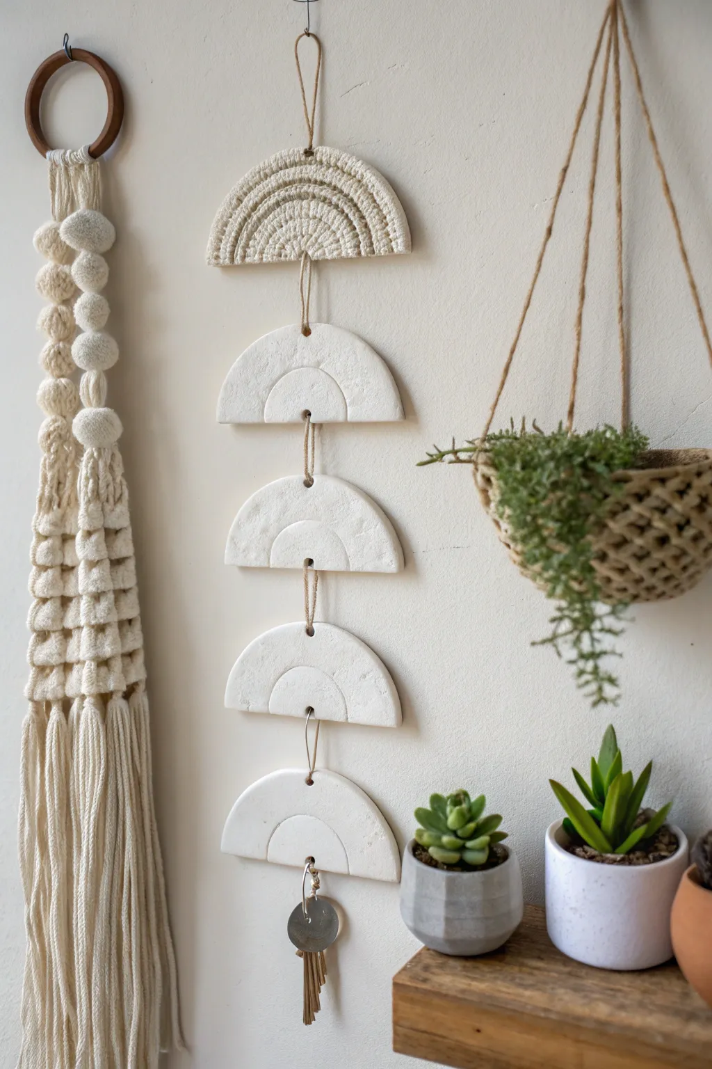 Functional Art: Elevate your space with minimalist elegance. This air dry clay wall hanging blends beauty and utility, offering a chic solution for key storage or a touch of greenery with a small planter. #ScandinavianStyle #BohoChic #FunctionalArt