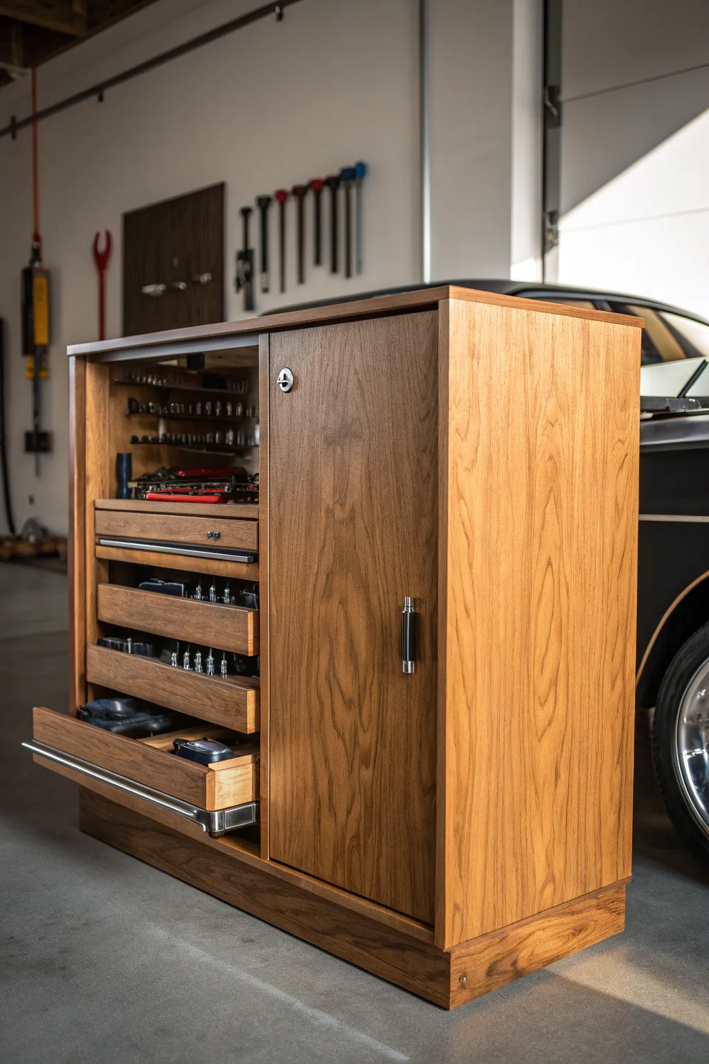 Discover the elegance of organized craftsmanship with a hidden cabinet workshop.