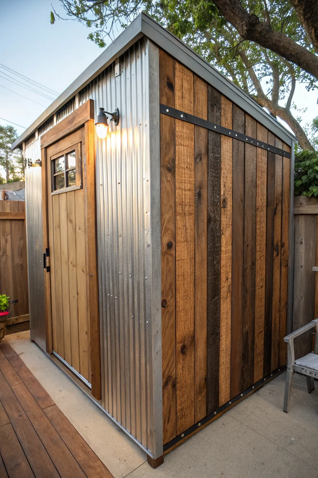 Transform your shed with rustic wooden panels for a touch of warmth and elegance.