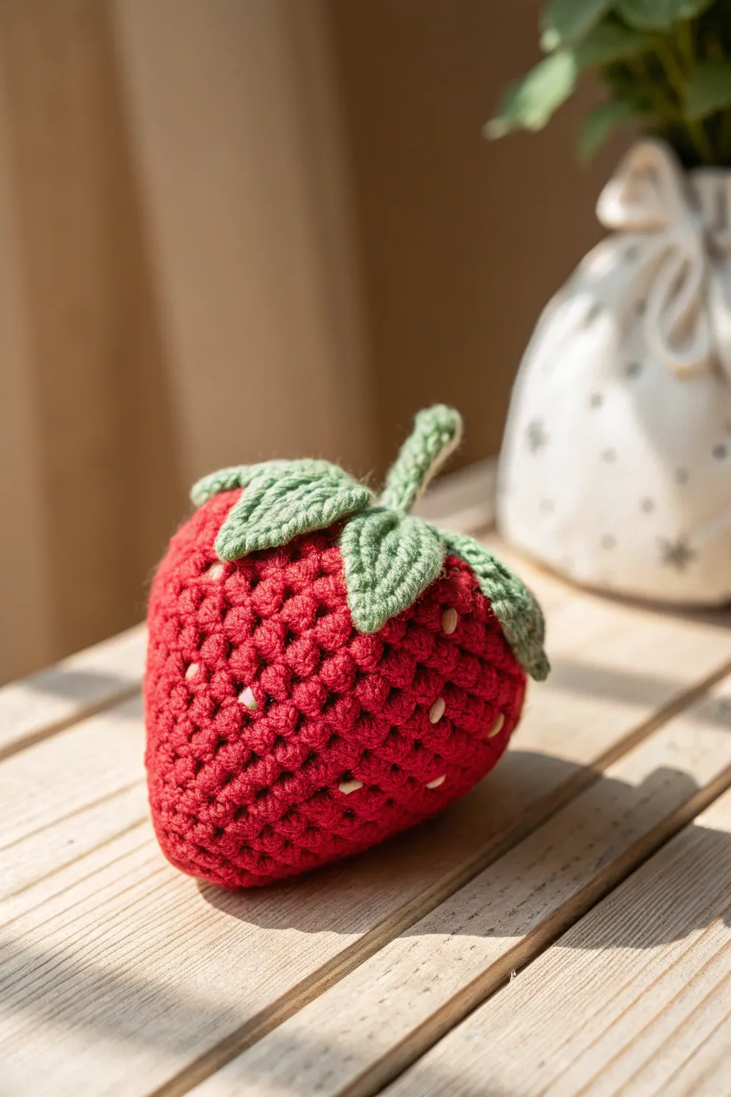 Add a touch of fruity elegance with this handcrafted amigurumi strawberry plushie.