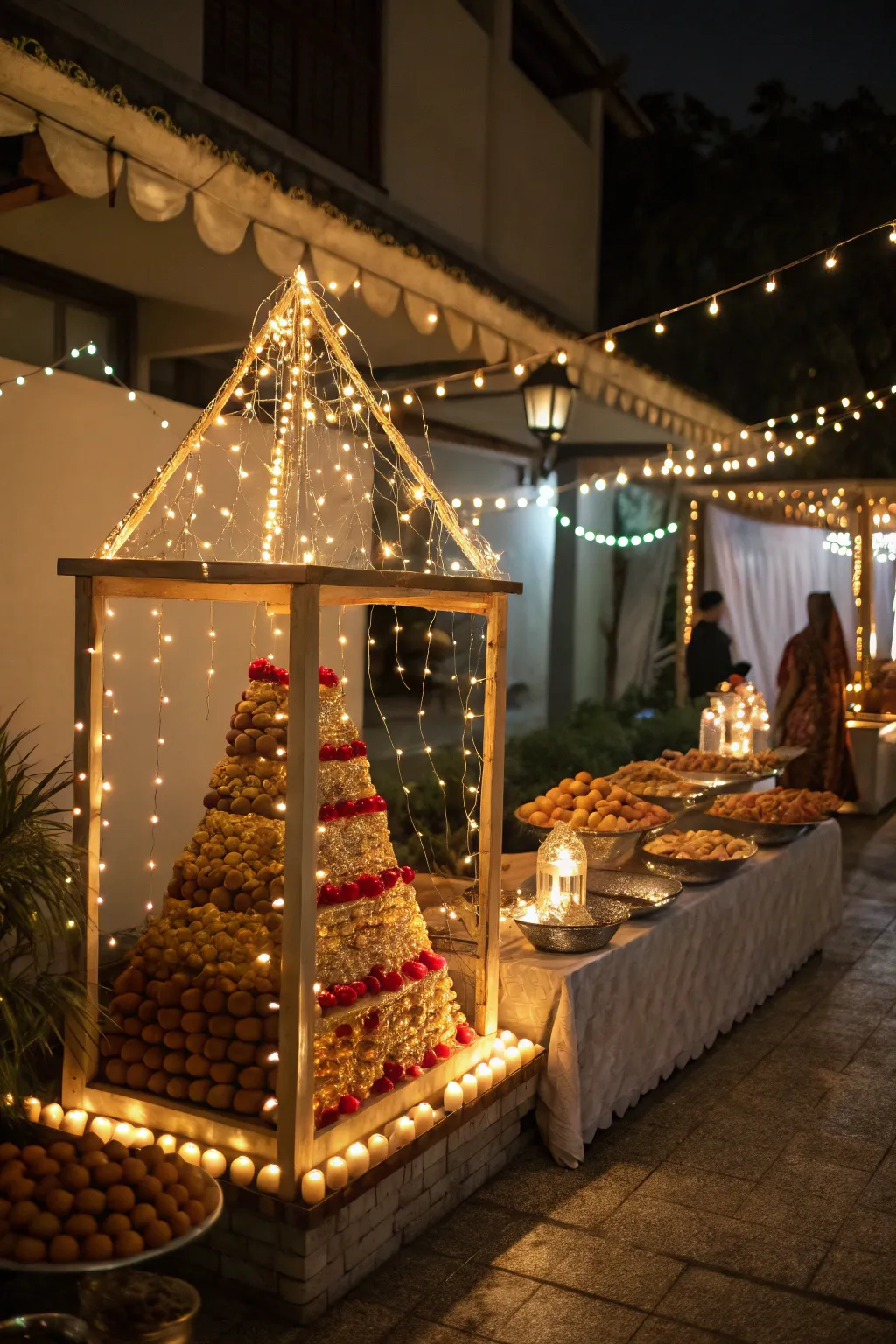 Enchanting lighting adding a magical touch to the Annakut display.