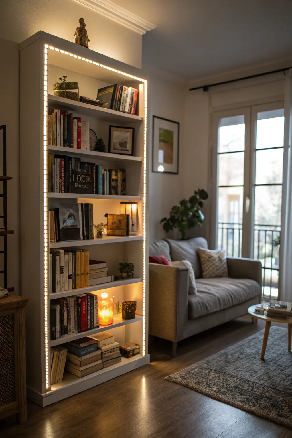 LED lighting adds warmth and highlights the bookshelf in an apartment living room.