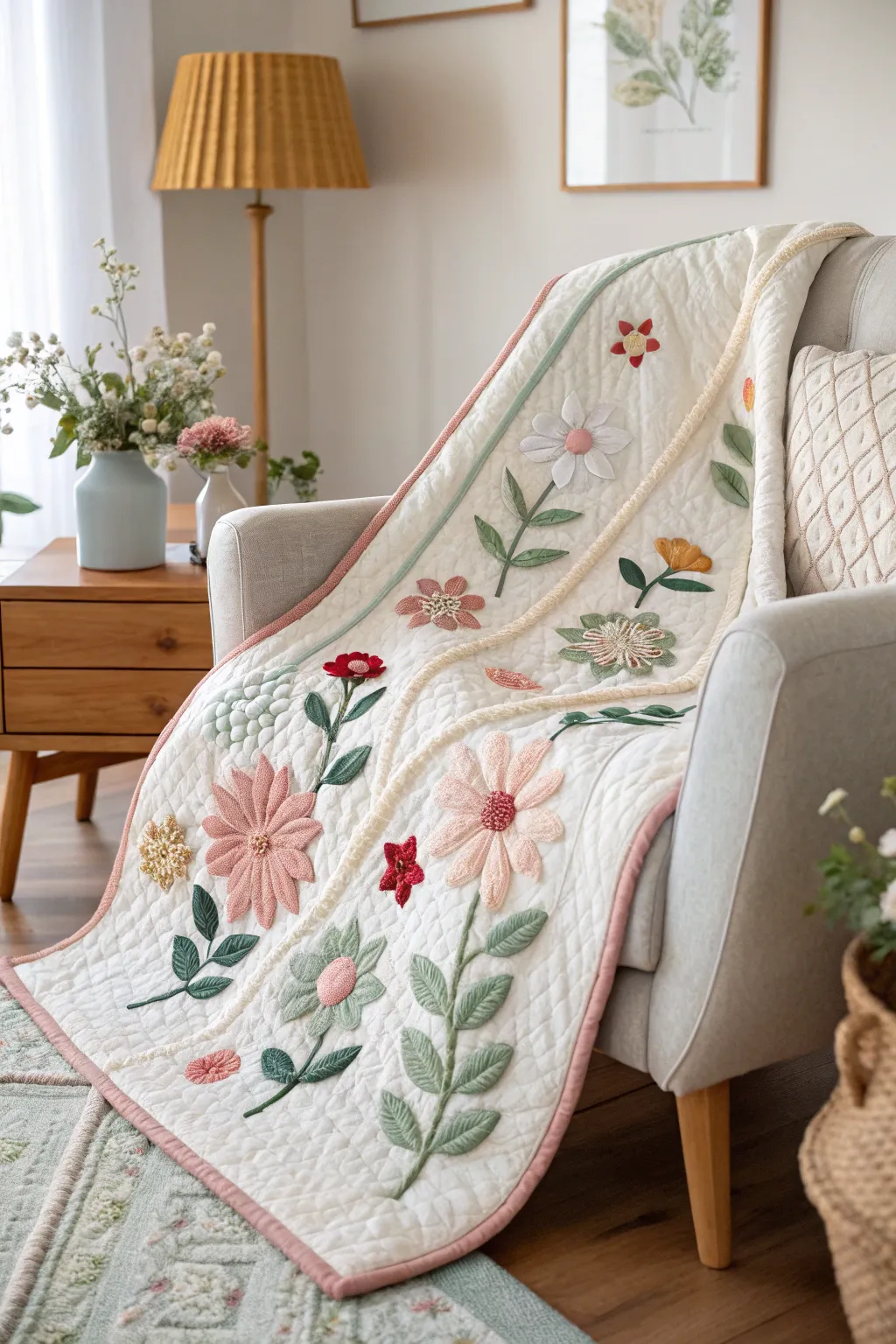 Wrap yourself in a garden of blooms with this exquisite quilt—where craftsmanship meets nature-inspired elegance.