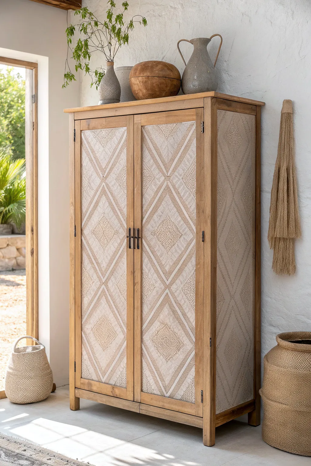 Transform your armoire with cozy fabric door panels for a chic, minimalist-boho touch.