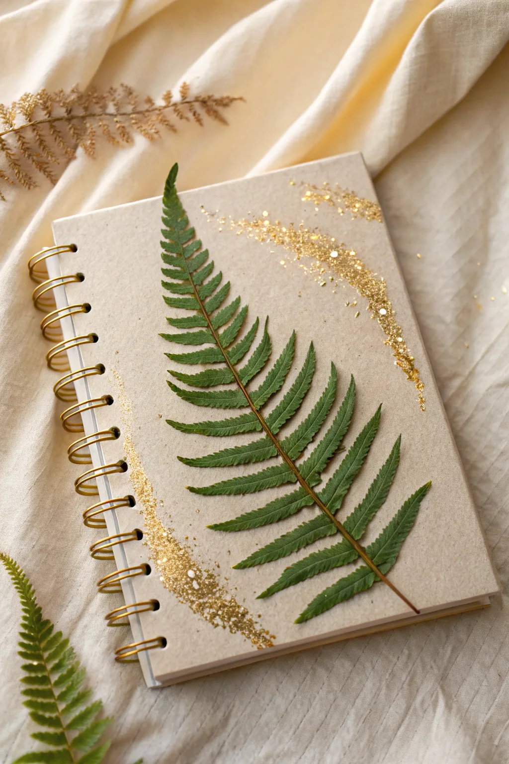 Embrace Nature's Elegance: A minimalist art journal cover blending the serene beauty of a fern with a hint of gold.