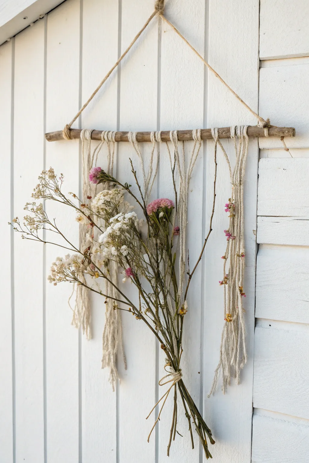 Embrace nature indoors with this elegant twig and flower wall hanging, a perfect blend of minimalist design and bohemian charm.