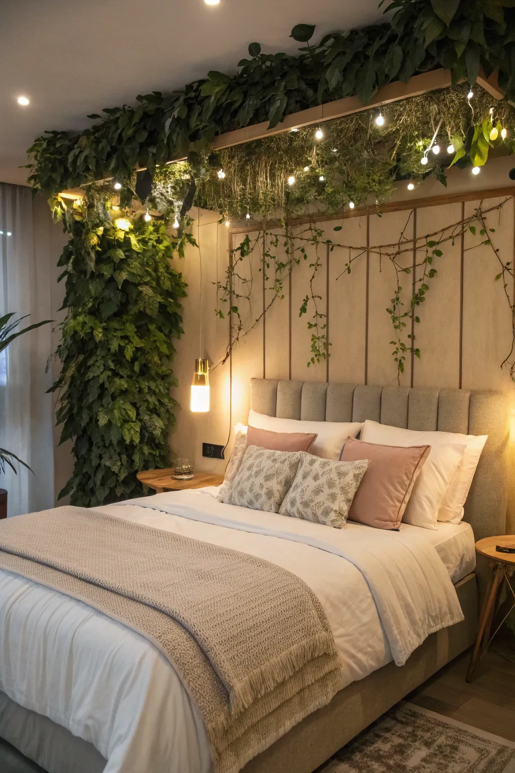 A leafy headboard creates a restful, nature-inspired bedroom.