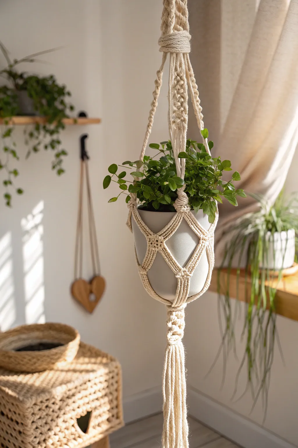 Elevate your space with the serene beauty of hand-knotted macramé plant hangers. 🌿✨ #MacrameMagic #ScandiBoho