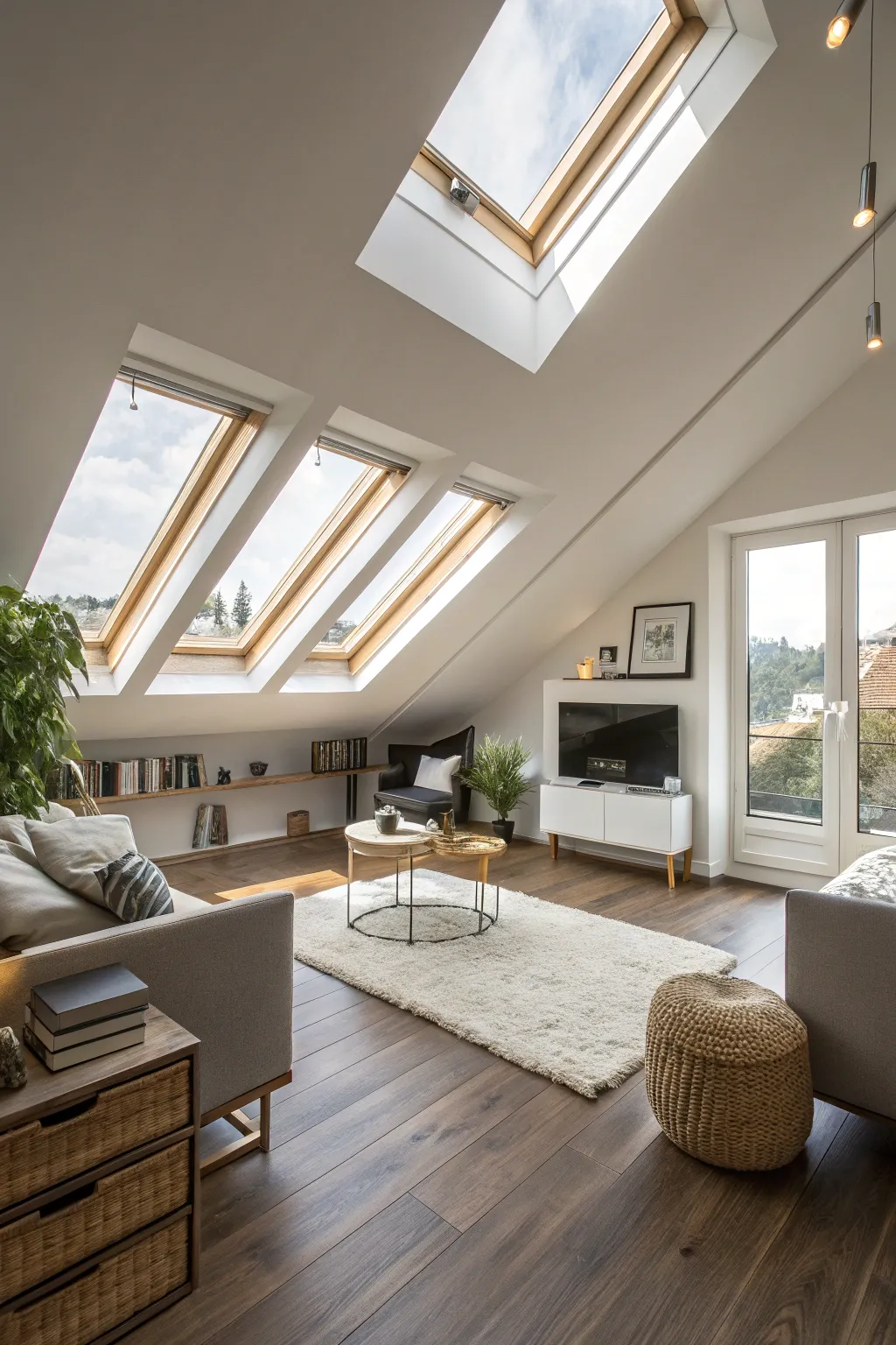 A bright attic space transformed by skylights.