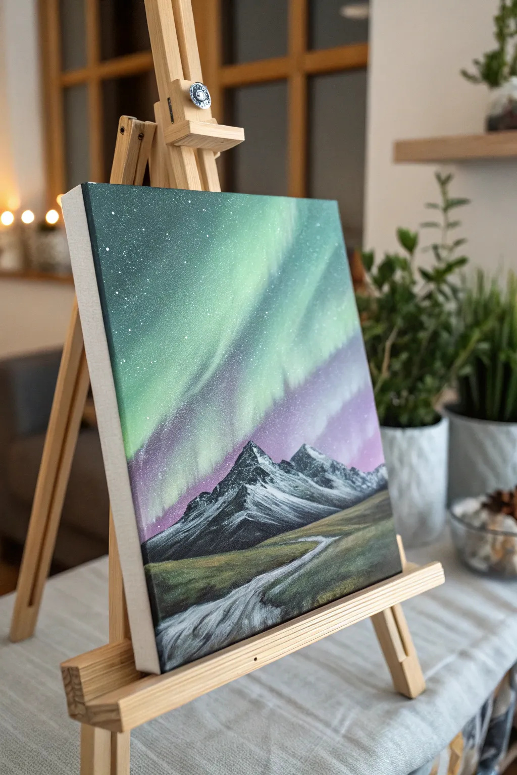 Capture the serene beauty of the Northern Lights with this minimalist mountain silhouette painting, perfect for bringing natural elegance into your space.