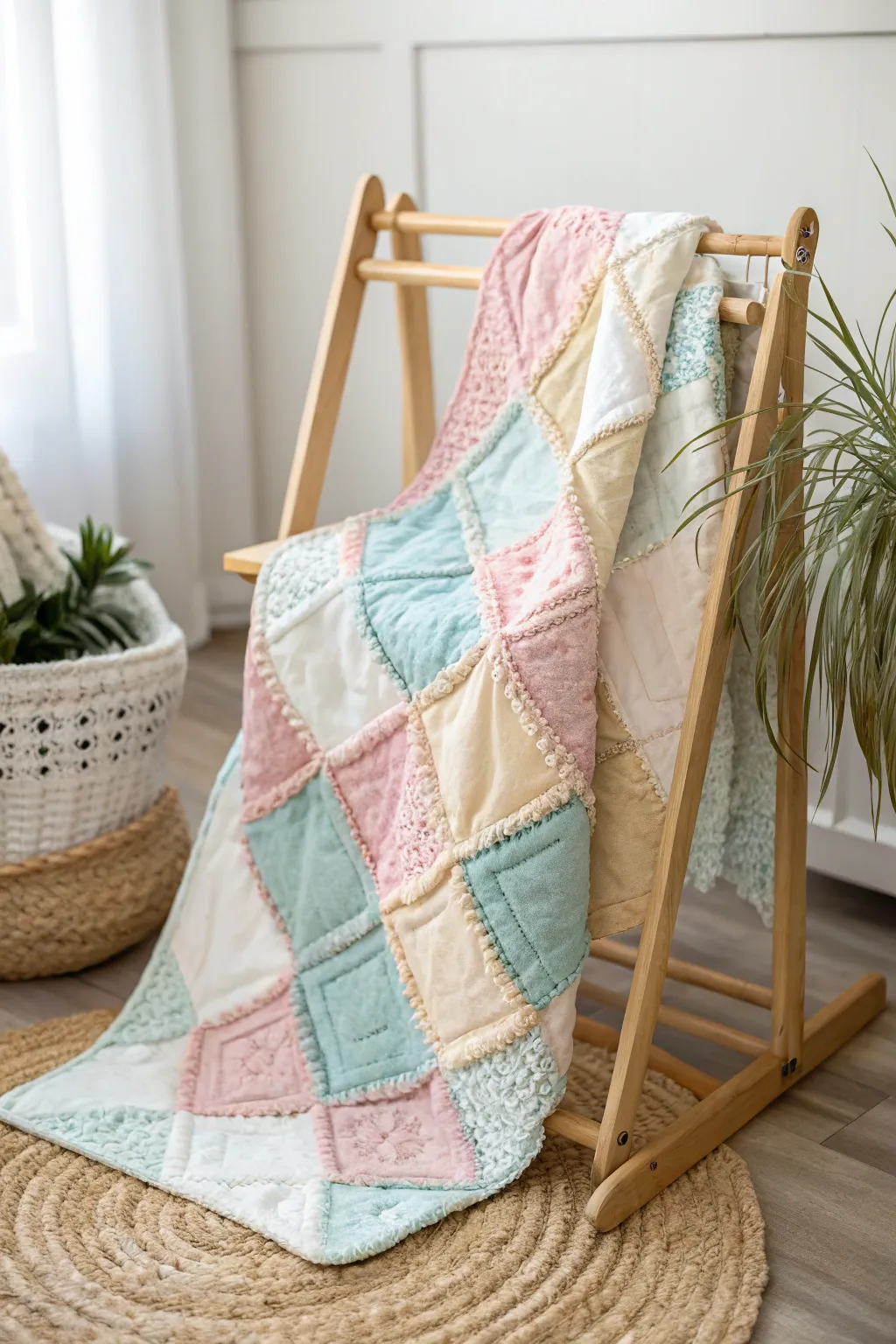 Embrace the charm of recycled beauty with this delightful patchwork baby blanket.