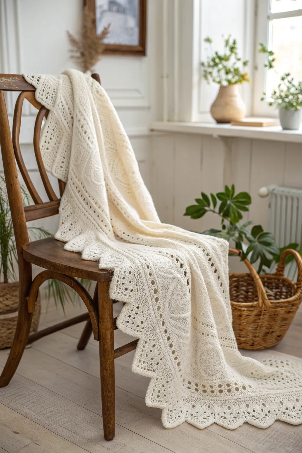 Embrace the art of knitting with this elegant lacework baby blanket, perfect for adding a touch of grace to any nursery.