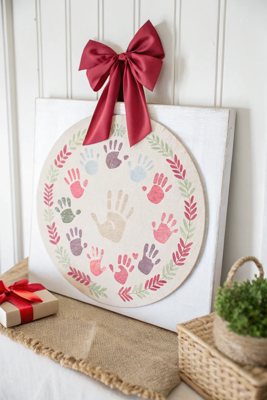 Capture the festive spirit with a touch of tender artistry: a handcrafted wreath of tiny hands.