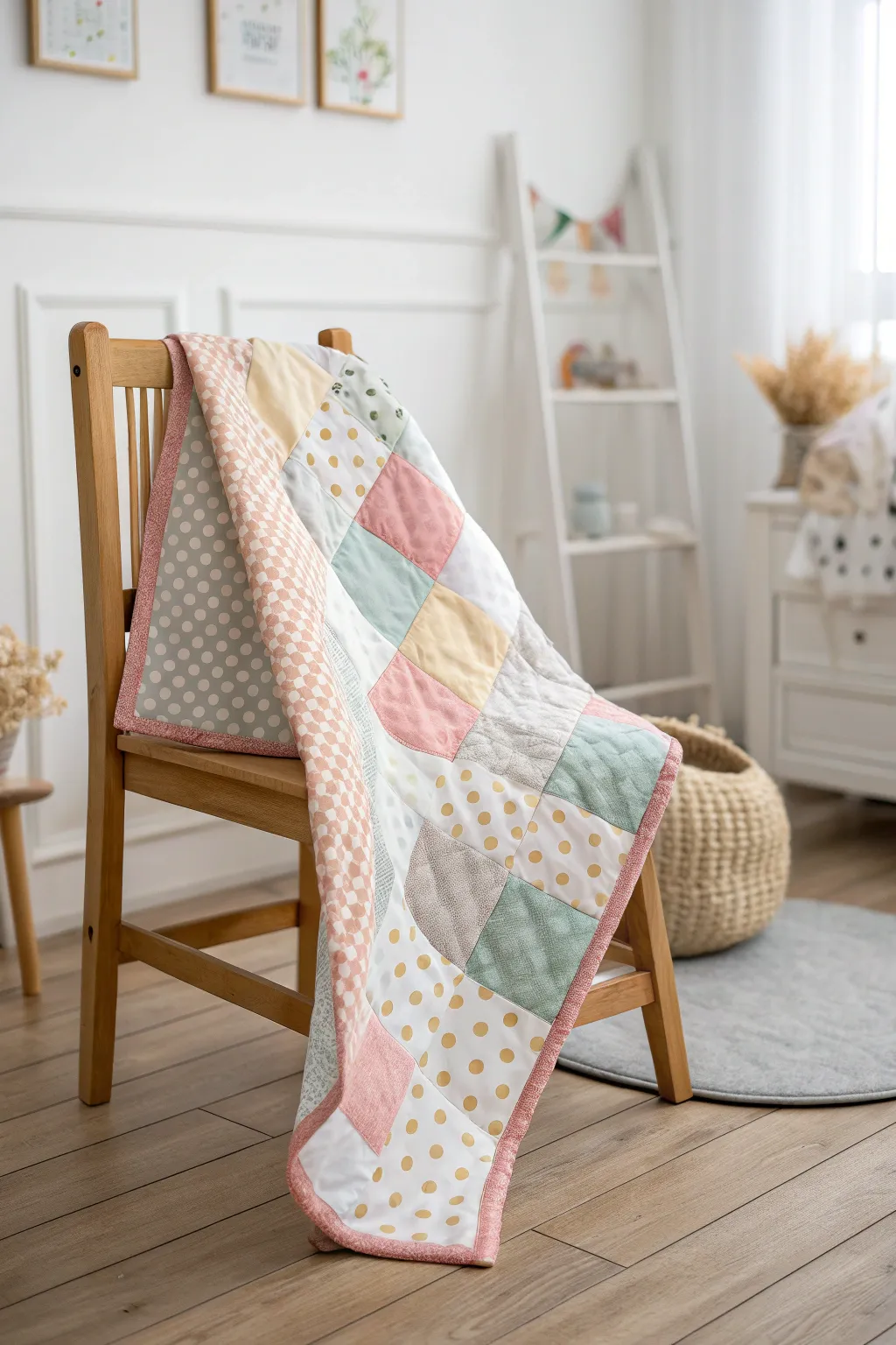 Add a cheerful twist to your nursery with this playful polka dot baby quilt, where minimalist design meets cozy craftsmanship.