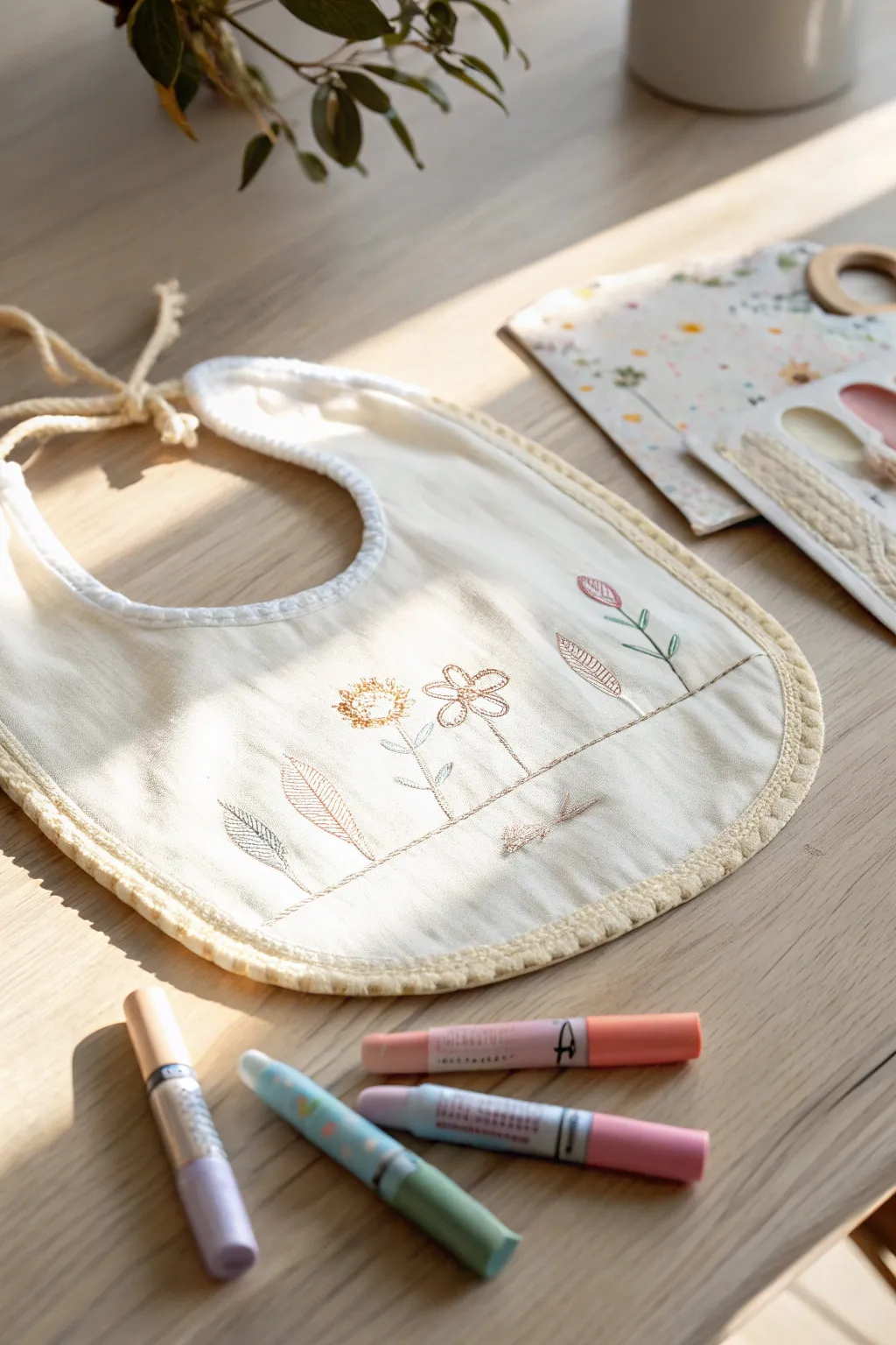 Capture the charm of handmade baby bibs that blend simplicity with a touch of boho elegance. Perfect for a memorable baby shower craft!