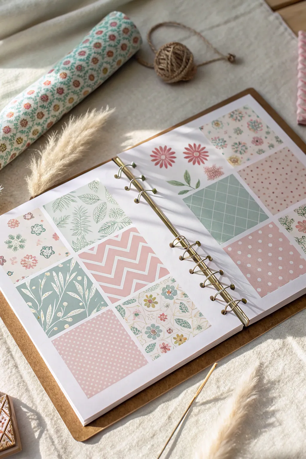 Create a charming baby shower scrapbook with a mix of patterned backgrounds—perfect for capturing precious memories with a touch of Scandinavian boho elegance.