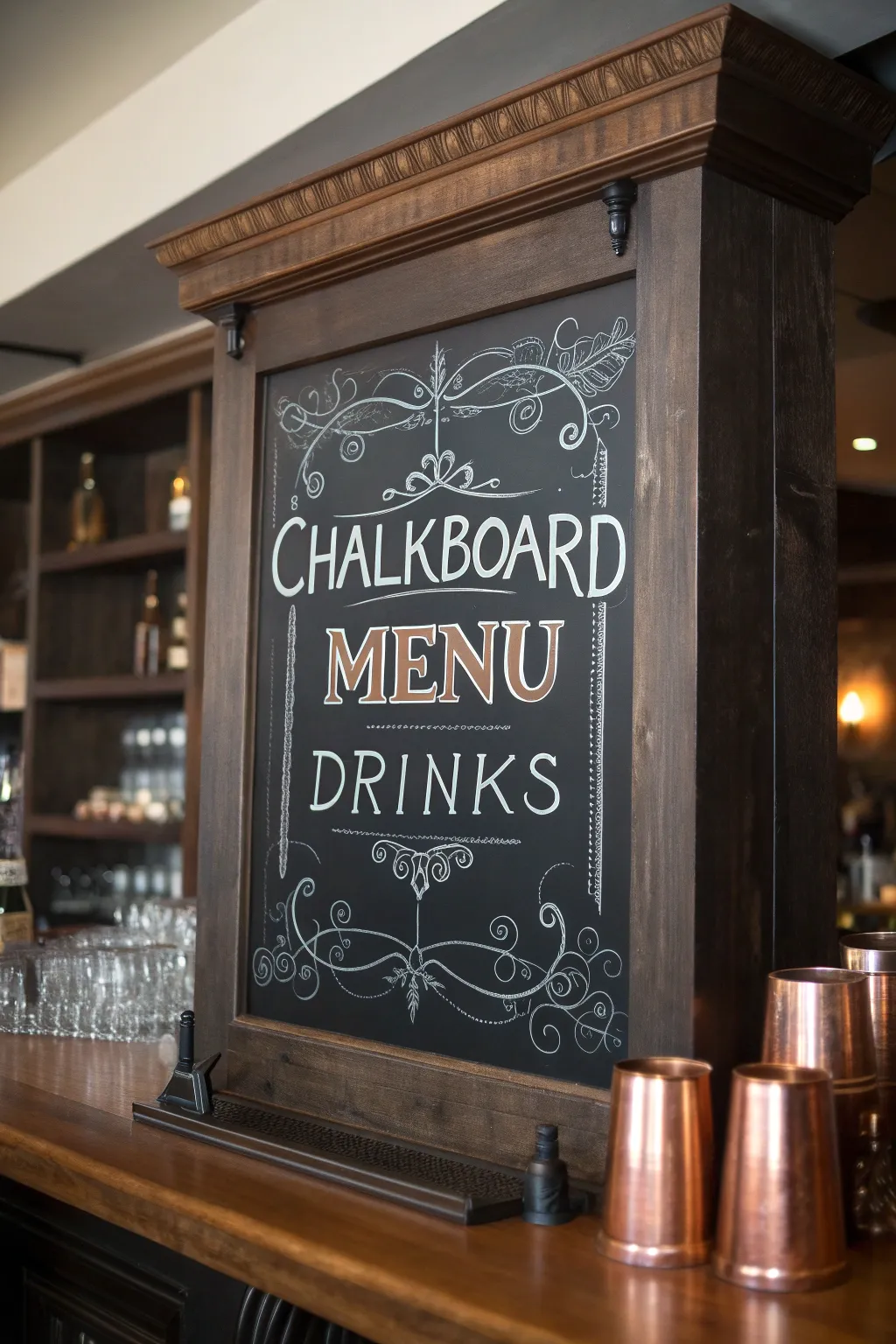 Craft your bar's charm with a bespoke chalkboard menu that speaks of quality and style.
