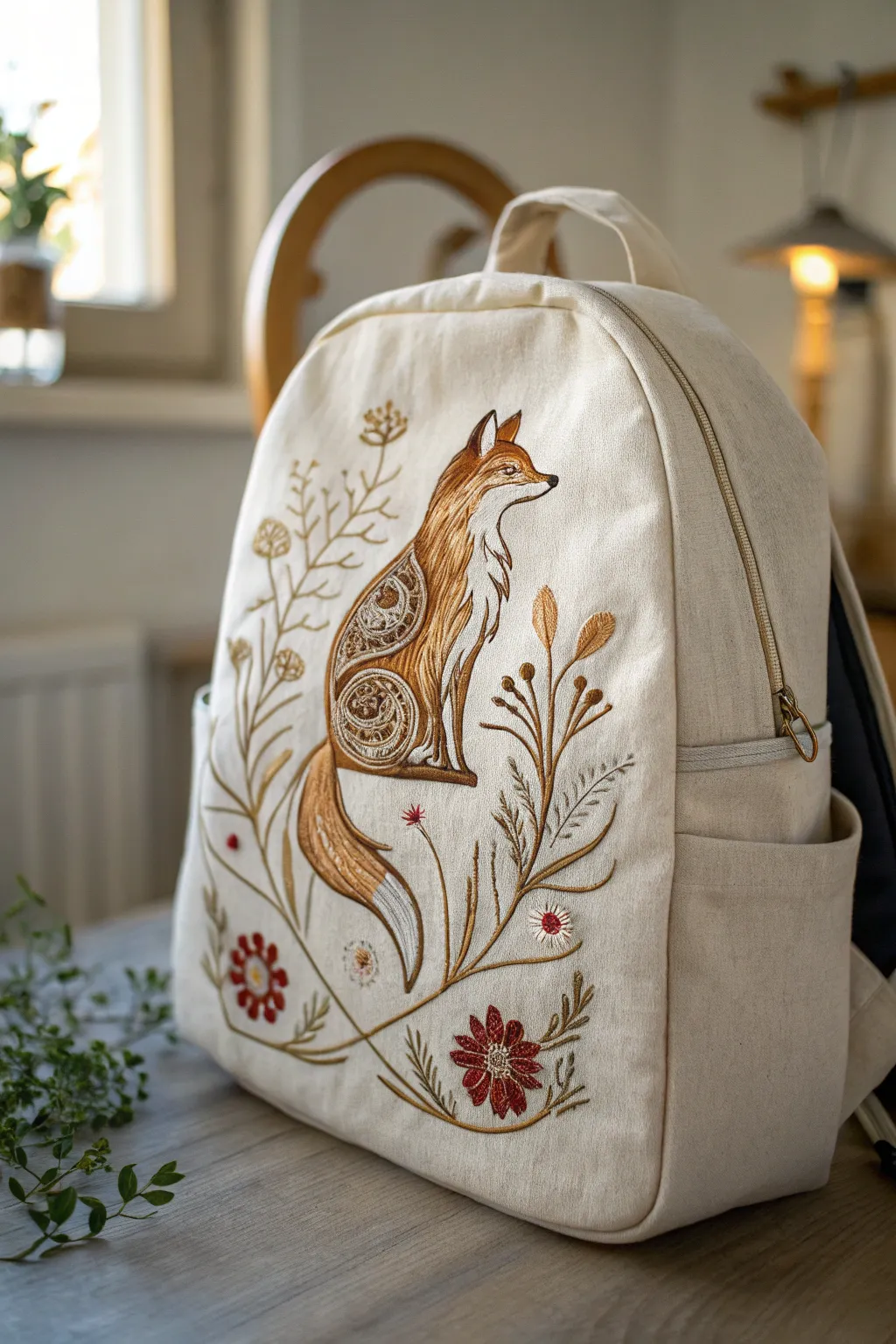 Embrace the wild with a touch of elegance – fox embroidery for your minimalist backpack.