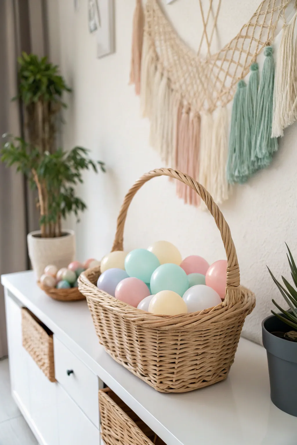 Elevate your storage game with chic decorative baskets filled with whimsical balloons. Perfect for a touch of Scandinavian charm!