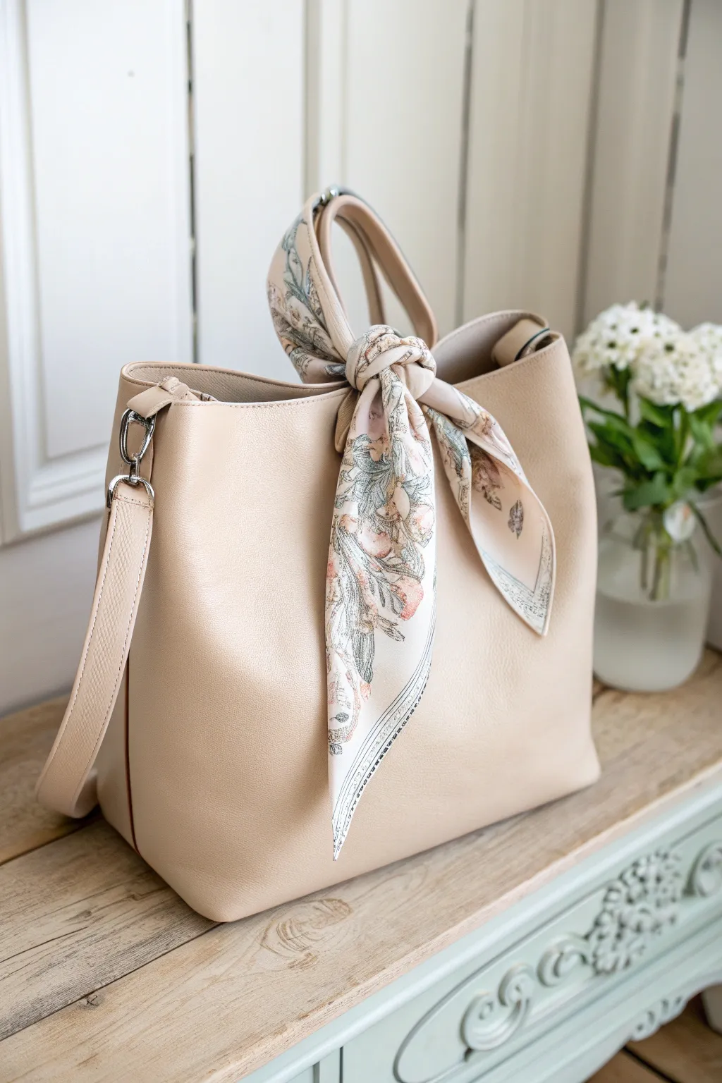 Elevate your style with a touch of boho elegance: a chic bandana charm for your handbag.
