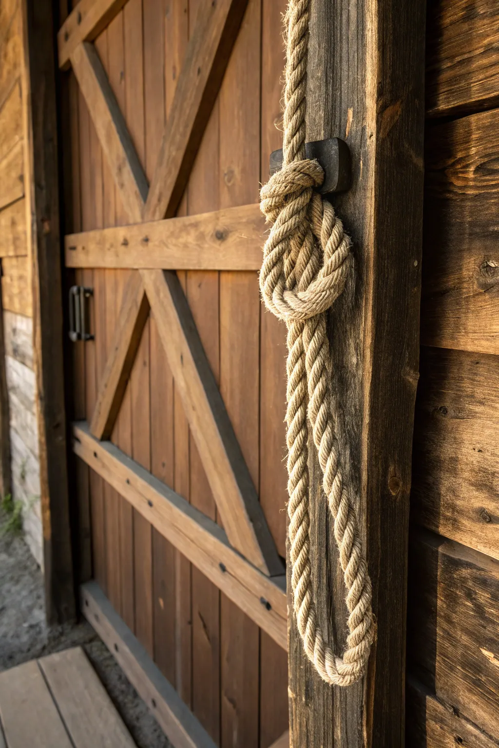 Elevate your barn door with rustic rope pulls, combining nautical flair and sturdy craftsmanship.