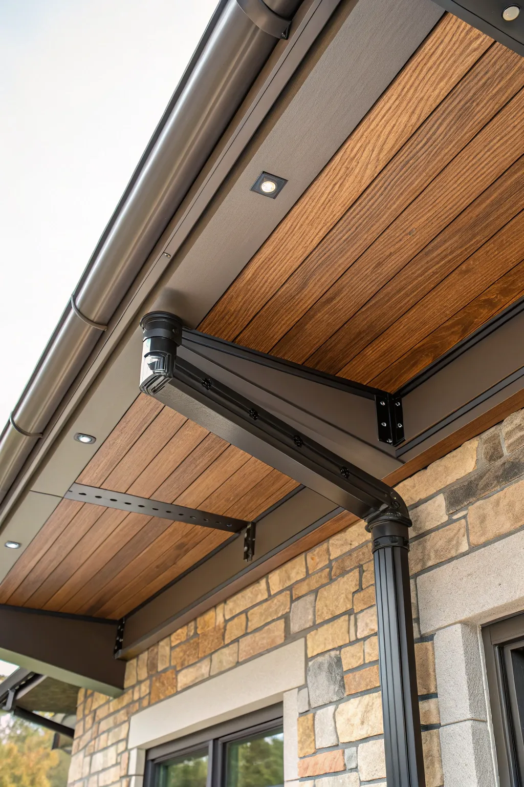 Elevate your basement with a stunning blend of wood and metal soffit design.