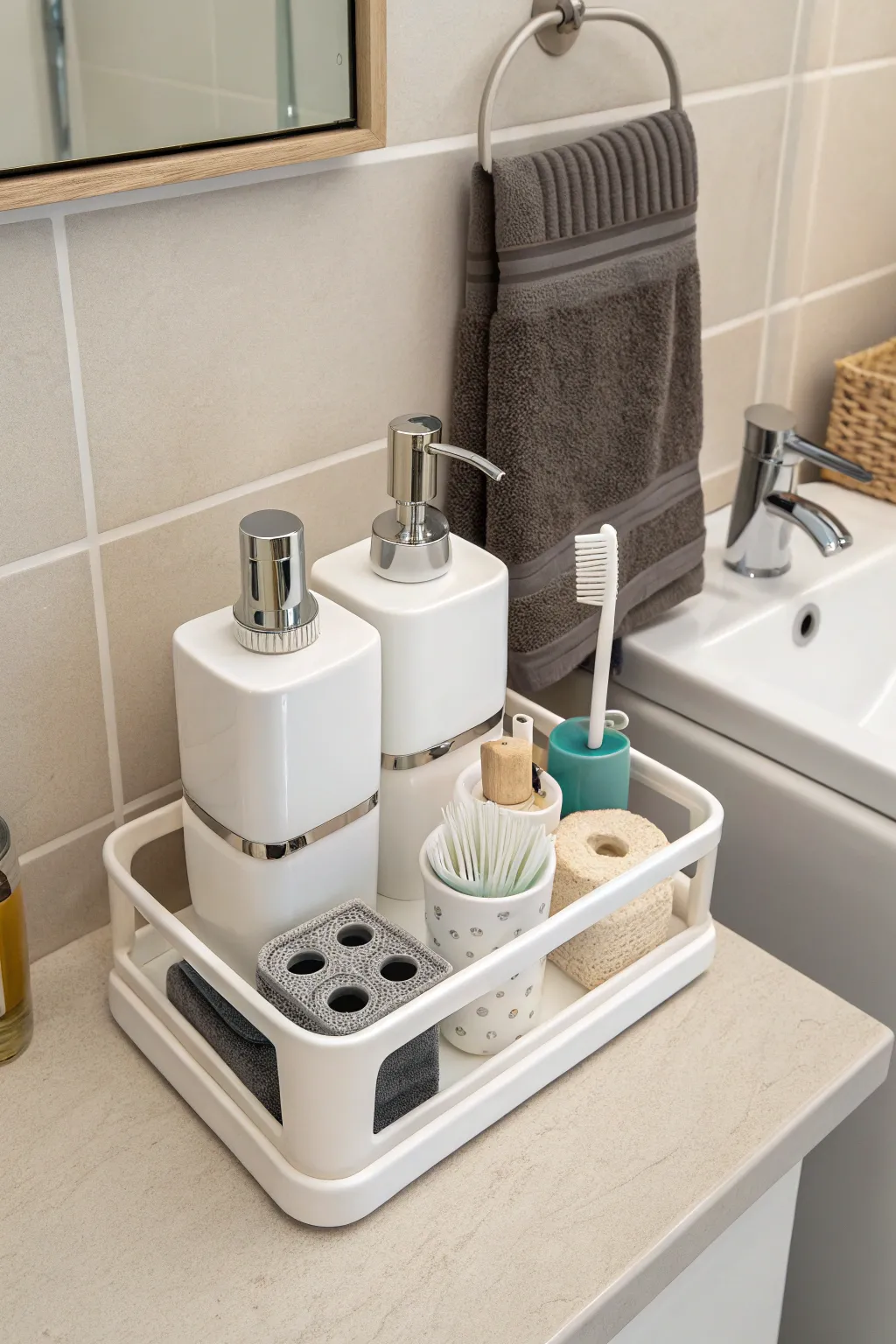 Compact yet stylish multi-piece bathroom accessories set.