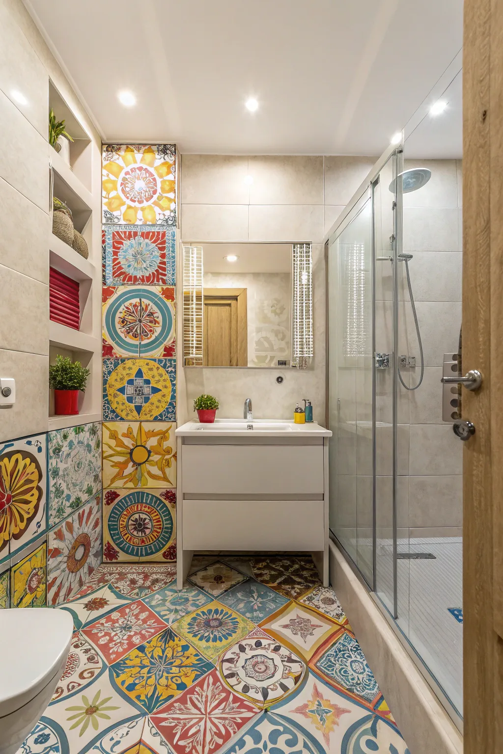 Bathroom showcasing creative tile patterns for texture.