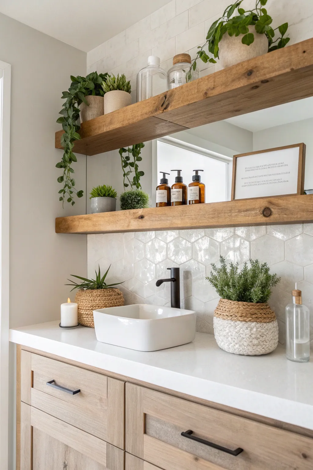 Elevate your bathroom with the charm of floating shelves – a perfect blend of rustic elegance and modern minimalism.