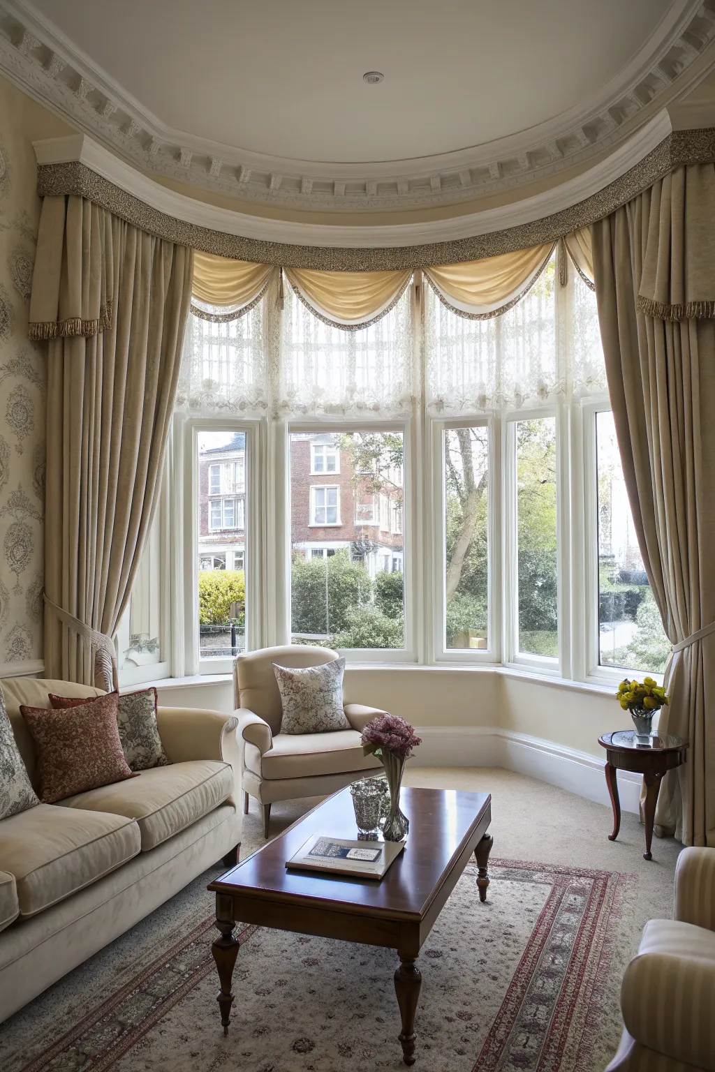 Sophisticated cornices in an elegant sitting room.