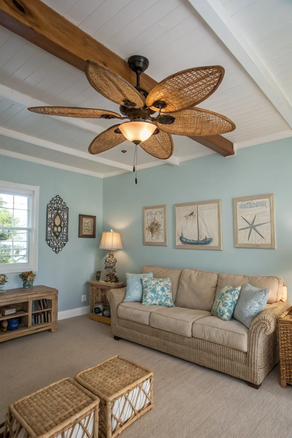 Stylish ceiling fans complement the coastal atmosphere.