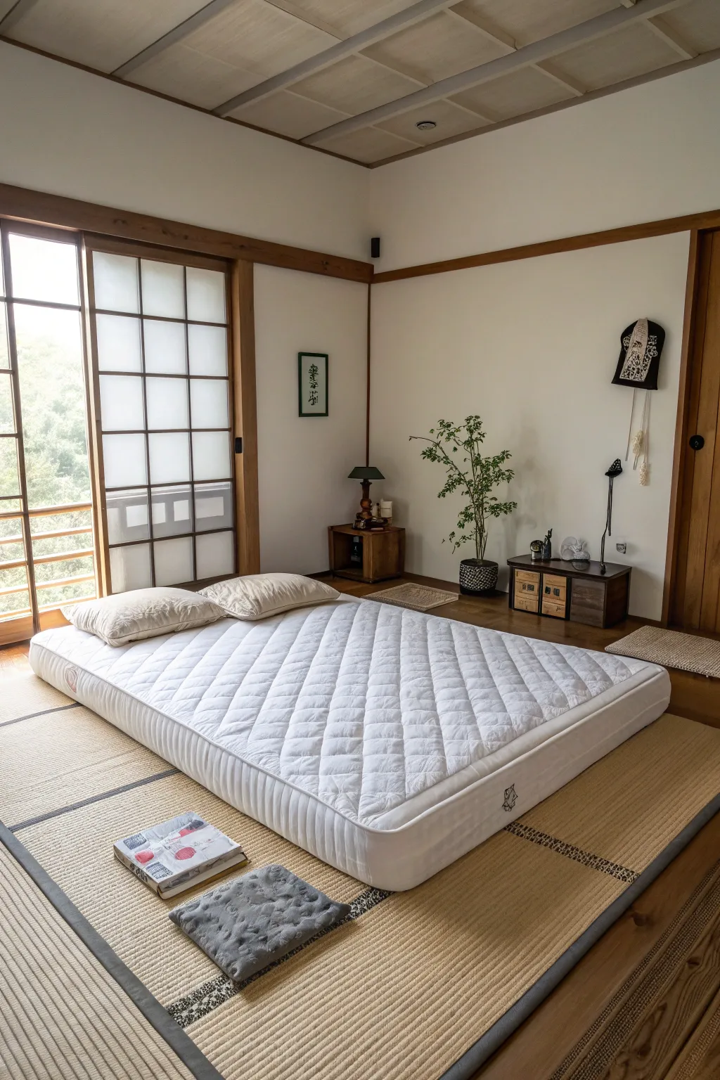 A mattress on the floor offers a minimalist and flexible sleeping option.