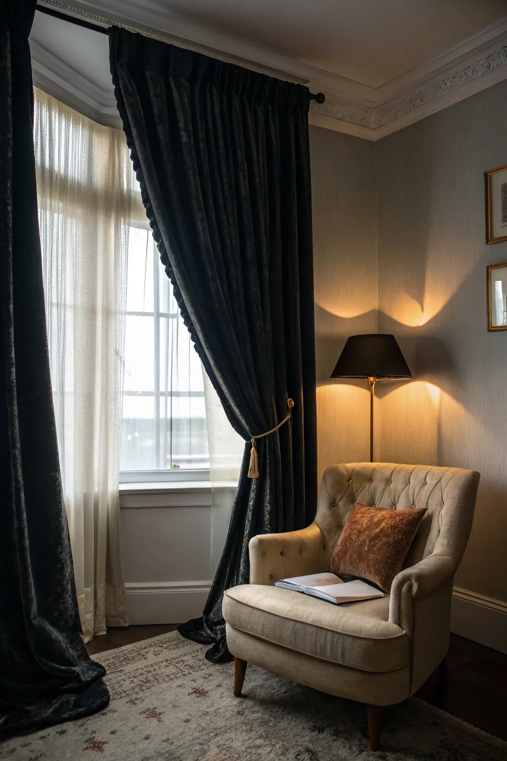 A cozy reading nook framed by black curtains.