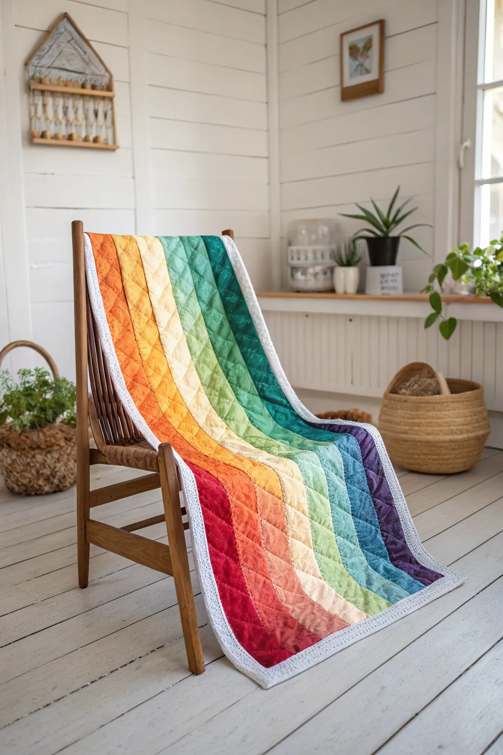 Capture the beauty of a rainbow with this stunning jelly roll quilt pattern—perfect for adding a splash of color to any minimalist space!