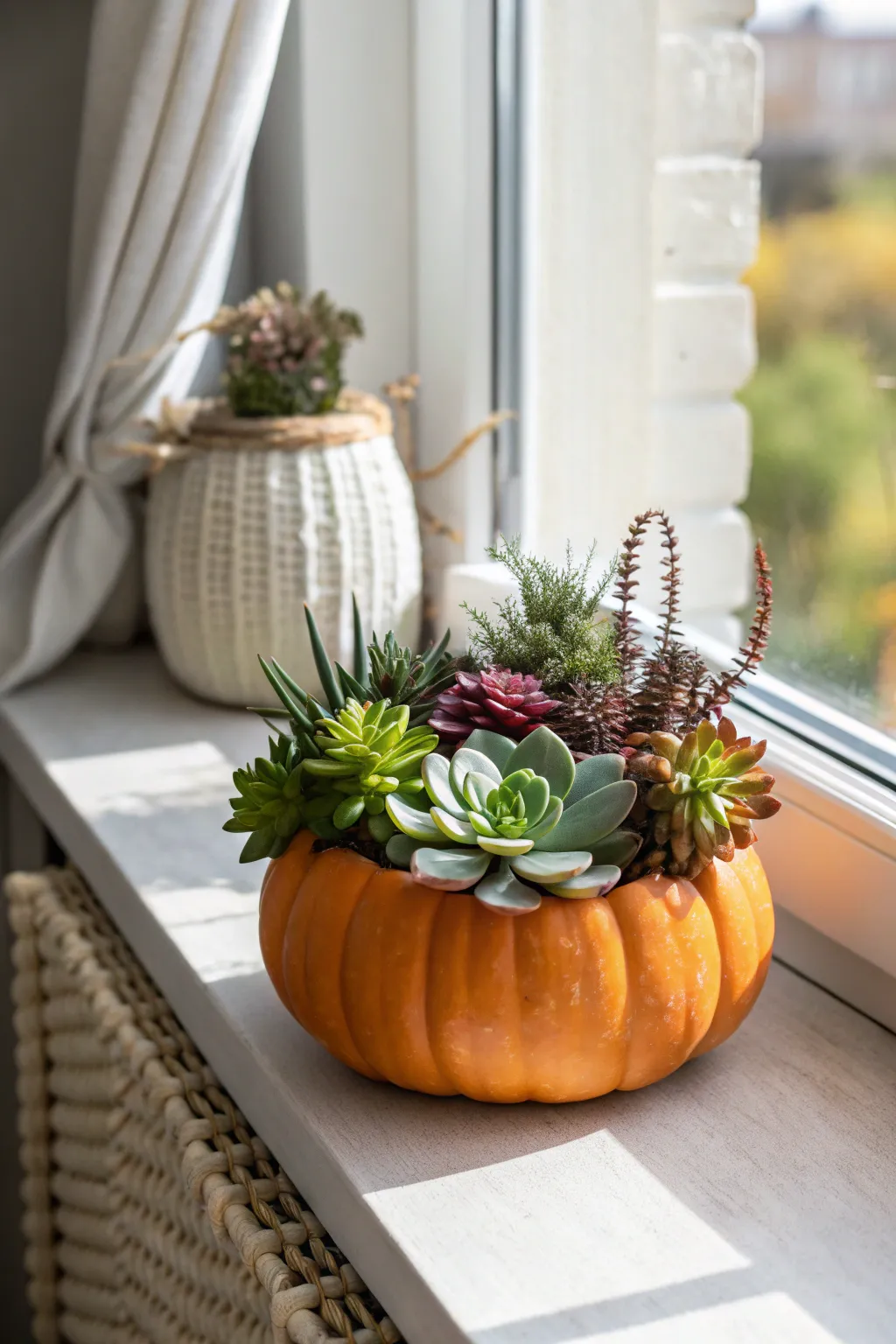 Transform your pumpkins into charming planters for a touch of natural elegance on your windowsill.