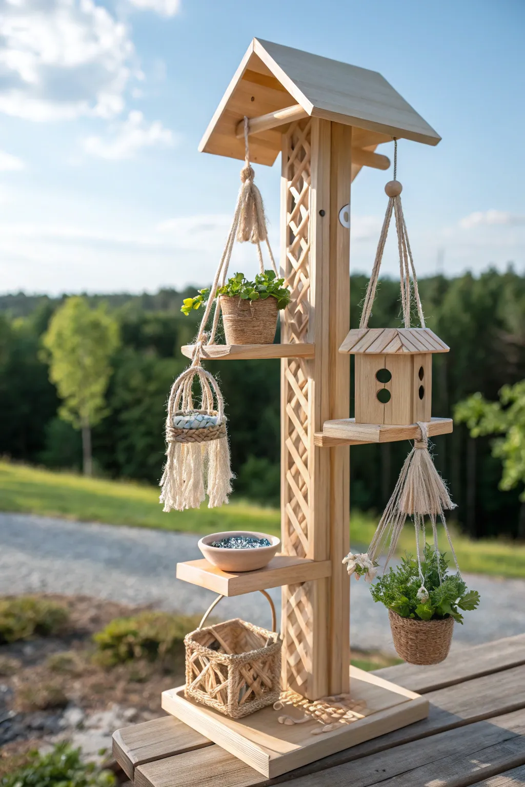Elevate your garden's charm with a stunning multi-tiered bird feeding station that invites nature's beauty at every height.