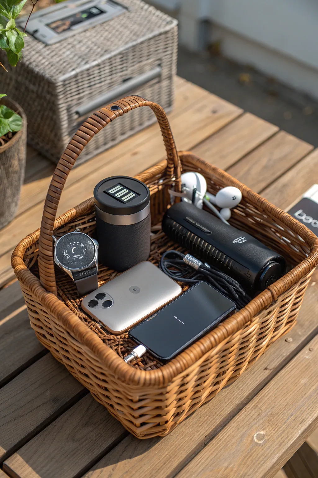Curate the ultimate tech lover's paradise with a basket full of gadgets that blend style and innovation.