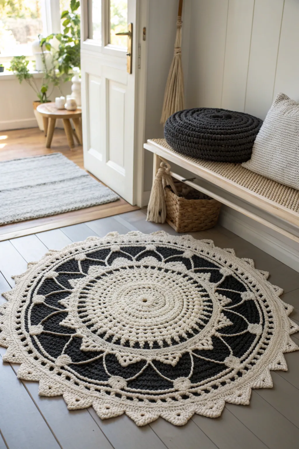 Elevate your entryway with a handcrafted black and white crochet rug that blends elegance and simplicity.