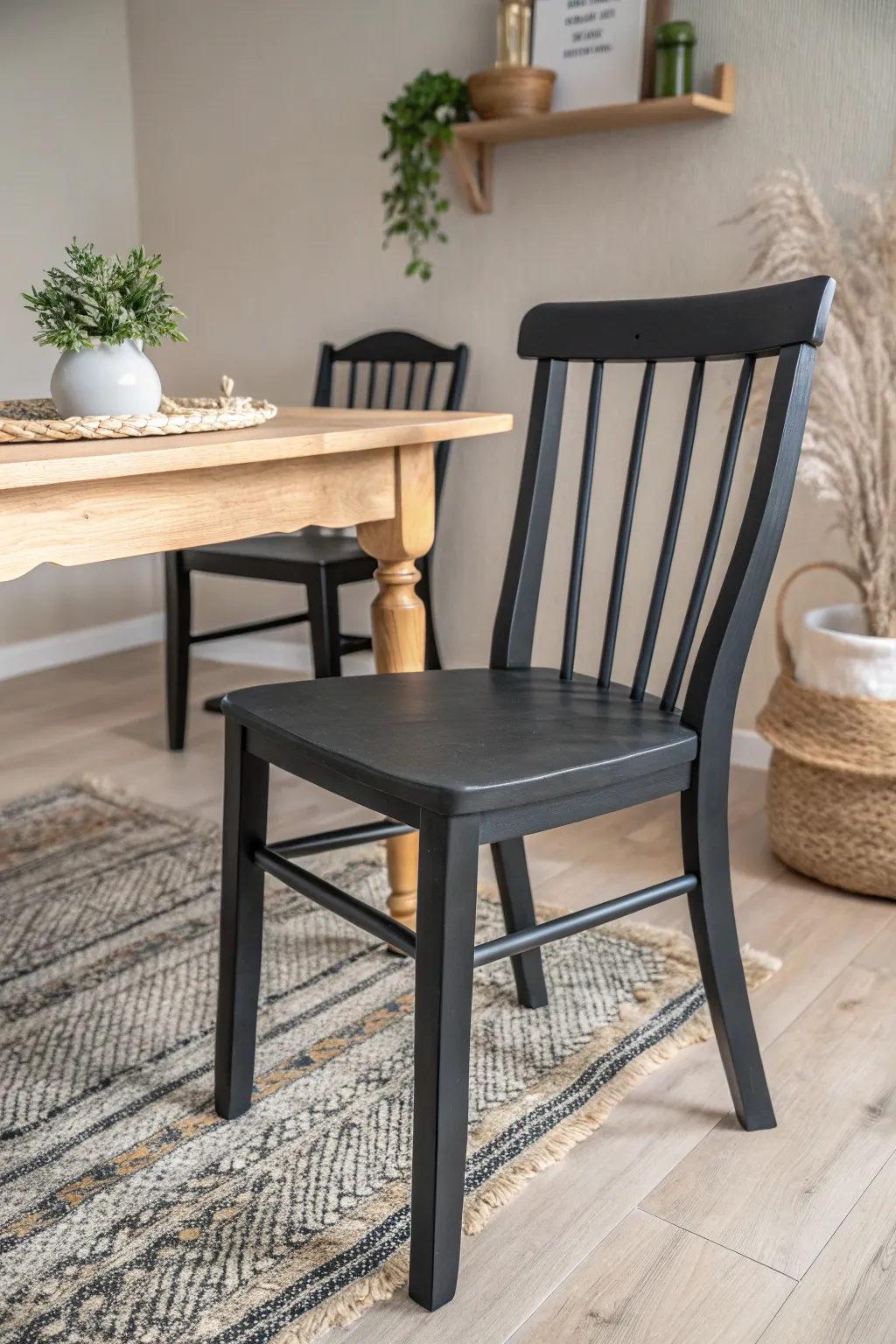 Elevate your dining space with the timeless elegance of black chalk paint.