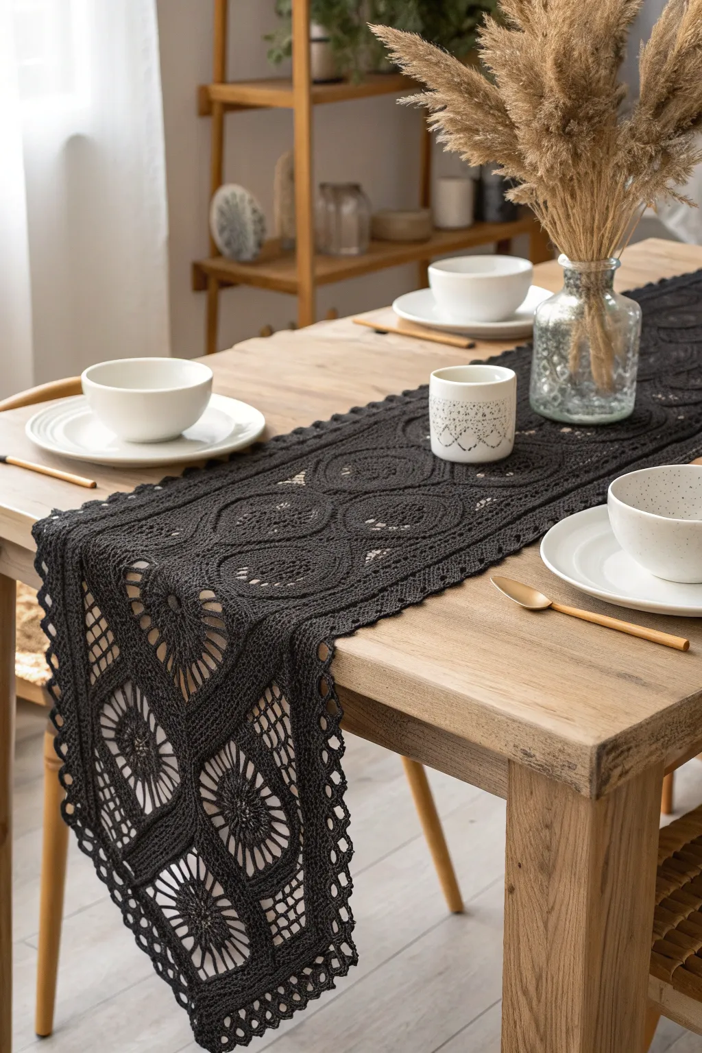 Add a touch of elegance and drama to your dining space with a handcrafted black lace table runner.