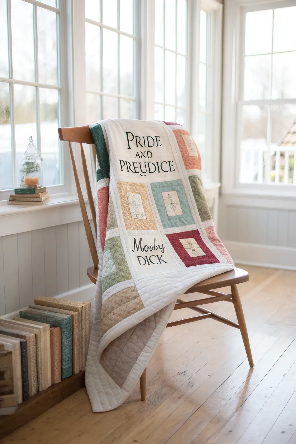Wrap yourself in the stories of timeless classics with this elegant bookshelf quilt, a tribute to literary legends.