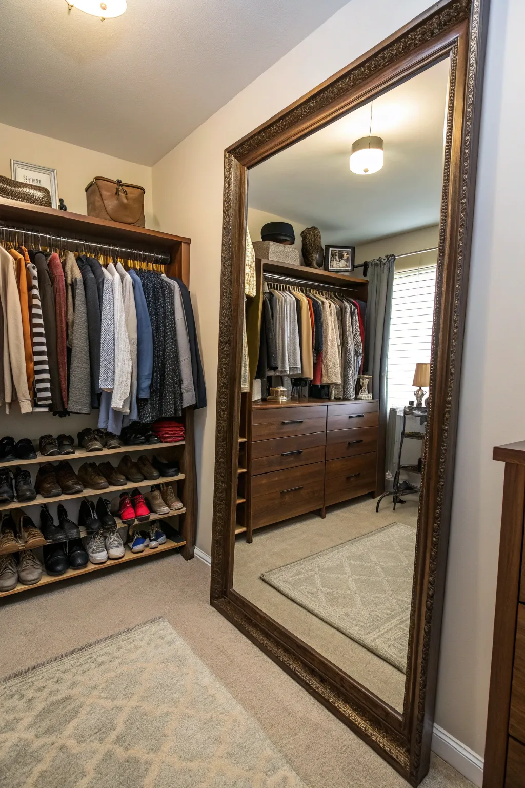 A full-length mirror is essential for both style and function.
