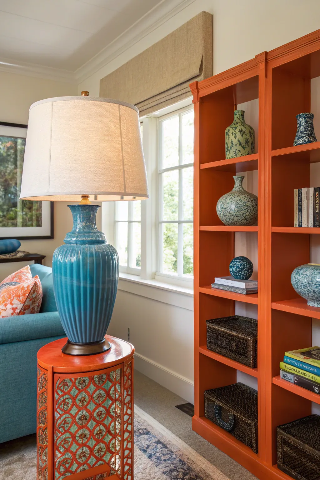 Dynamic contrasts in lamps and shelves enhance this room's vibrant appeal.