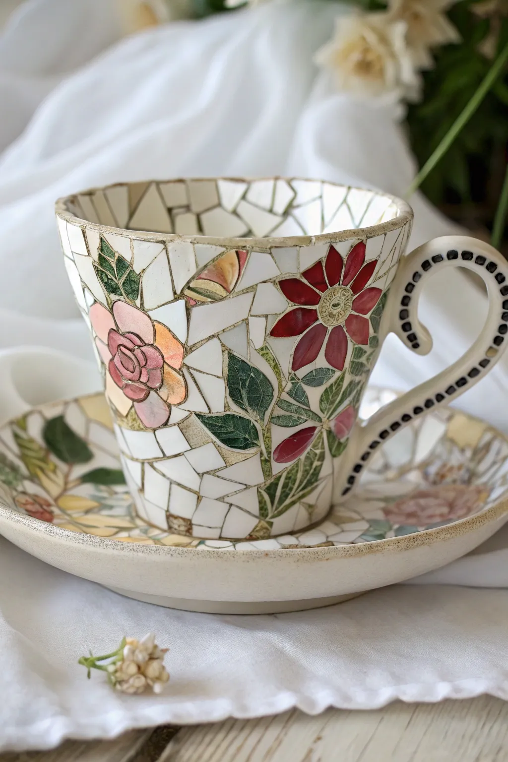 Crafted Elegance: Transform broken china into a stunning teacup mosaic centerpiece.